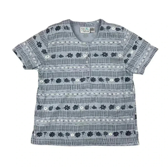 VTG Palm Harbour Women's Blue Floral Short Sleeve Blouse Top Sz Medium Shirt - Picture 9 of 10